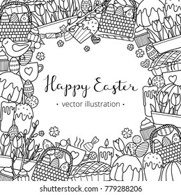 Square background with hand drawn uncolored easter items and lettering. Detailed frame design. Used clipping mask.