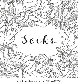 Square background with hand drawn uncolored socks and lettering. Detailed frame design. Used clipping mask.