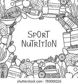Square background with hand drawn uncolored sport foods and lettering. Detailed frame design. Used clipping mask.