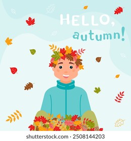 Square background Hello, autumn! A happy boy with a wreath of leaves on his head is sitting in a pile of colorful leaves. Leaf fall. The autumn season. Vector illustration in a flat style.