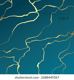 A square background in the Kintsugi style. Golden Kintsugi cracks on a sea green background. Vector illustration