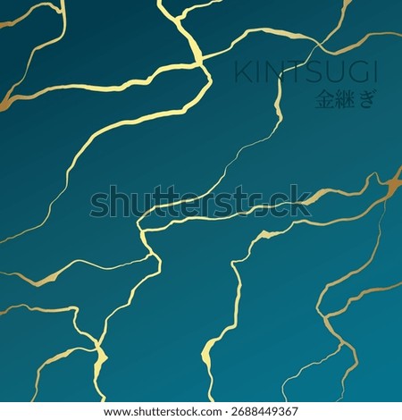 A square background in the Kintsugi style. Golden Kintsugi cracks on a sea green background. Vector illustration