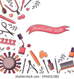 Square background with manicure tools. Banner with various nail art. Colorful vector illustration.