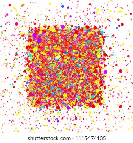 Square background. Multicolored confetti on white. Pattern for design with glitters. Print for polygraphy, posters, banners and textiles
