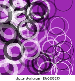 Square background pattern from big circles of various sizes and different shades on a purple background. Randomly spaced elements