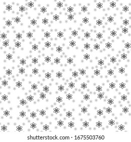 Square background pattern from black atomic symbols are different sizes and opacity. The pattern is random filled. Vector illustration on white background