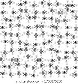 Square background pattern from black atomic symbols are different sizes and opacity. The pattern is random filled. Vector illustration on white background