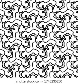 Square background pattern from black curls and swirls chaotic lines. Vector illustration on white background.