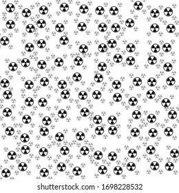 Square background pattern from black radiation symbols are different sizes and opacity. The pattern is random filled. Vector illustration on white background