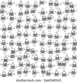 Square background pattern from geometric shapes are different sizes and opacity. The pattern is random filled with huges  black skulls. Vector illustration on white background