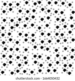 Square background pattern from geometric shapes are different sizes and opacity. The pattern is random filled with big  black lotus flowers. Vector illustration on white background