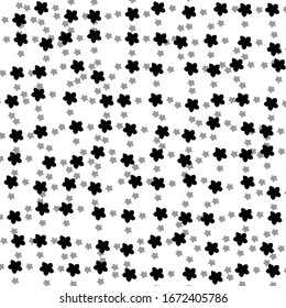 Square background pattern from geometric shapes are different sizes and opacity. The pattern is random filled with big  black forget-me-not flowers. Vector illustration on white background