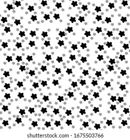 Square background pattern from geometric shapes are different sizes and opacity. The pattern is random filled with big  black forget-me-not flowers. Vector illustration on white background