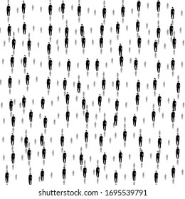 Square background pattern from geometric shapes are different sizes and opacity. The pattern is random filled with black burkini symbols. Vector illustration on white background