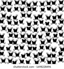 Square background pattern from geometric shapes are different sizes and opacity. The pattern is random filled with huge  black butterfly symbols. Vector illustration on white background