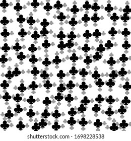 Square background pattern from geometric shapes are different sizes and opacity. The pattern is random filled with huge  black clubs. Vector illustration on white background