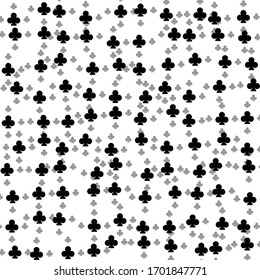 Square background pattern from geometric shapes are different sizes and opacity. The pattern is random filled with big  black clubs. Vector illustration on white background
