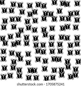 Square background pattern from geometric shapes are different sizes and opacity. The pattern is random filled with huges  black tulips. Vector illustration on white background