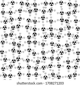 Square background pattern from geometric shapes are different sizes and opacity. The pattern is random filled with big  black radiation symbols. Vector illustration on white background