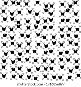 Square background pattern from geometric shapes are different sizes and opacity. The pattern is random filled with big  black butterfly symbols. Vector illustration on white background