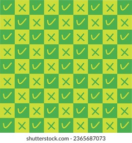 Square background pattern with repeating ticks and crosses or right and wrong marks in green and yellow