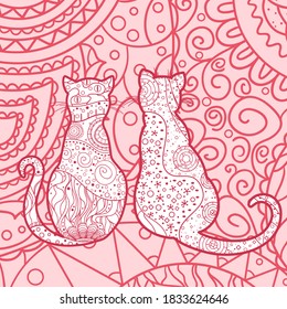 Square background with patterned cat. Hand drawn cats with abstract patterns. Line art