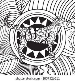 Square background with patterned dog. Hand drawn pattern. Black and white illustration