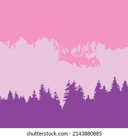 Square Background In Pink And Violet Tones, Silhouettes Of Fir Trees, Mountains, Sky. Suitable For Social Media Posting And Online Advertising