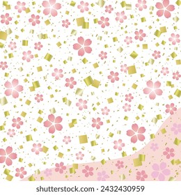 Square background with pretty pink cherry blossoms, gold leaf confetti and cloud shapes