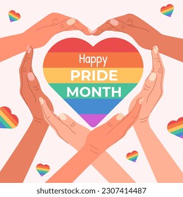 Square background for Pride Month with many different peoples hands showing heart symbol. Colored flat vector illustration.