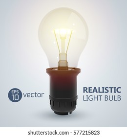 Square background with realistic image of luminant glow lamp screwed in bulb with editable text on bright background vector illustration