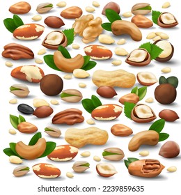 Square background with realistic vector nuts icons isolated on white background