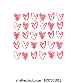 Square background with rows of hand drawn red hearts, empty and shaded outlines on white background, for gift wrap and other design projects. Valentines Day concept, romance concept