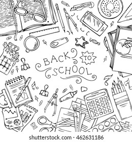 Square background of school supplies. Hand-drawn linear gadgets and school stationery on white background. Top view. Doodles design elements for work and education. Copyspace for your text. Vector.