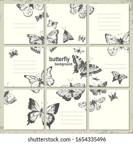 Fondo cuadrado con mariposas y polillas dibujadas a mano. Plantilla de puzzle de blog, tarjeta de verano, diseño de fondo de belleza.