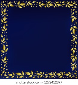 Square background stylized as blue velvet with decorative frame of golden leaves and dots for decoration, scrapbooking paper, wedding invitation, greeting card,text,family tree, certificate,diploma