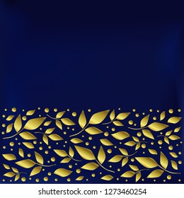Square background stylized as blue velvet with decorative stripe of golden leaves and dots below for decoration, scrapbooking paper, cover of book or notebook, wedding invitation, greeting card, text