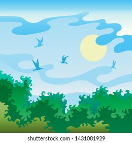 Square background of stylized nature with trees, bushes. Summer landscape with birds. The sun and clouds against the sky. Vector flat style green foliage decoration.