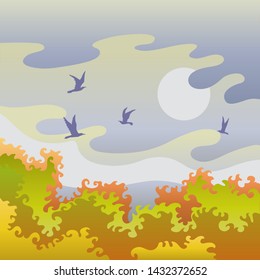 Square background of stylized nature with trees, bushes. Autumn landscape with birds. The sun and clouds against the sky. Vector flat style Yellow orange foliage decoration.