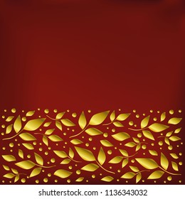 Square background stylized as red velvet with decorative stripe of golden leaves and dots below for decoration, scrapbooking paper, sheet of book or notebook, wedding invitation, greeting card, text