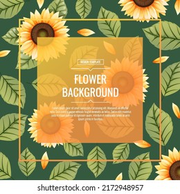 Fondo cuadrado con girasoles. Marco floral con flores amarillas y hojas verdes. Cartel, afiche, volante, postal. Ilustración veraniega.