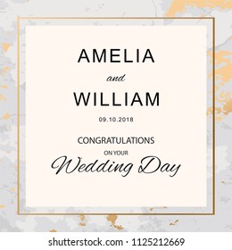 Square background with text congratulations on your wedding day with marble texture with gold frame. Vector illustration design.