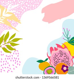 Square background with tropical fruits,shapes and leaves. Editable vector illustration