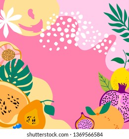 Square background with tropical fruits,shapes and leaves. Editable vector illustration