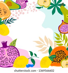 Square background with tropical fruits,shapes and leaves. Editable vector illustration