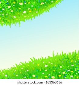 square background two green spheres from a grass and flowers against the sky