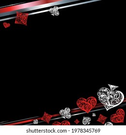 Square background with vector playing card suit symbols made by floral elements. Vintage luxury illustration in silver, red and white colors on black backdrop. For banner, poster, poker design element