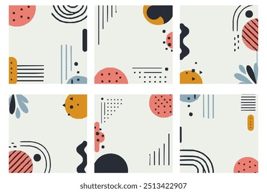 Fondo cuadrado Colores vibrantes y una variedad de Formas abstractas, como círculos, líneas y puntos. Perfecto para proyectos de diseño moderno, gráficos de redes sociales o como elemento decorativo