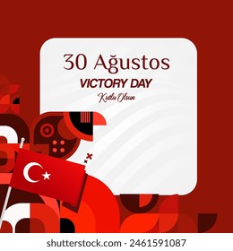 Square background for Victory Day of the Republic of Turkey, August 30. Modern geometric greeting card banner in monochrome red color for Turkish National day. Happy Victory Day design