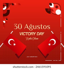 Square background for Victory Day of the Republic of Turkey, August 30. Modern geometric greeting card banner in monochrome red color for Turkish National day. Happy Victory Day design